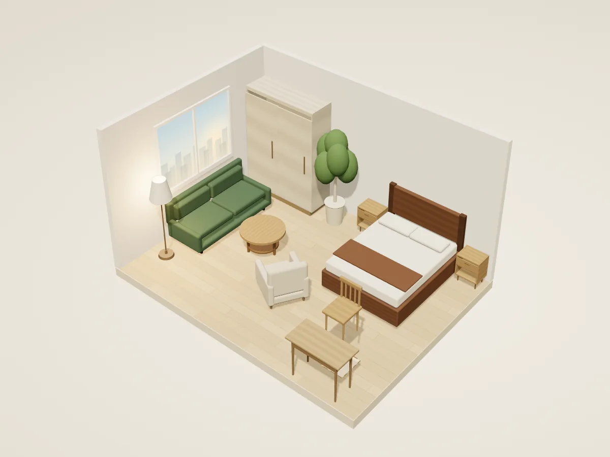 The same studio furnished with a bed, sofa, wardrobe, desk and more