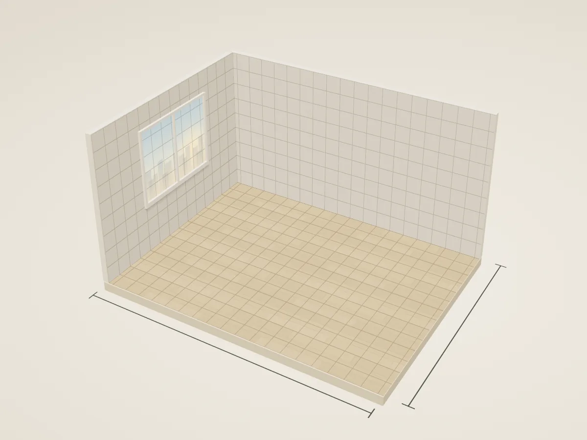 An empty studio flat with its walls measured: 5.60 by 4.20 metres